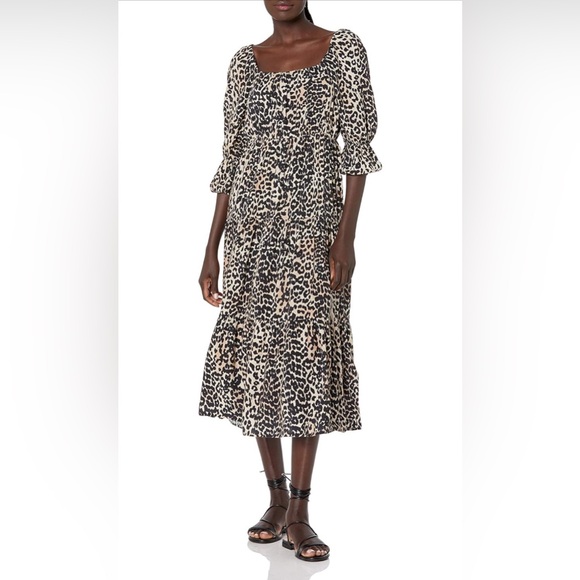 Small The Drop Keyla Puff-Sleeve Square-Neck Tiered Midi Dress in Leopard Print - Picture 2 of 9